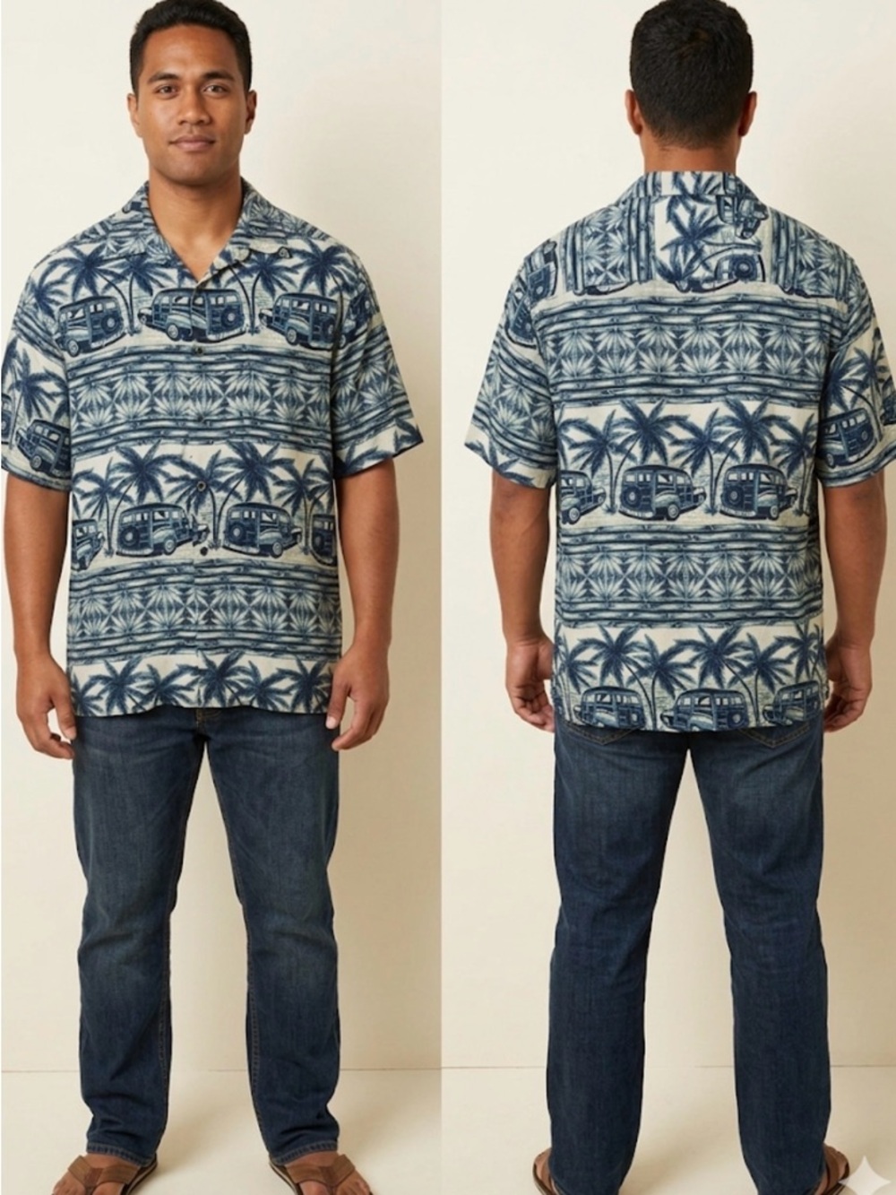 Men's Indigo Palm-Print Camp Shirt